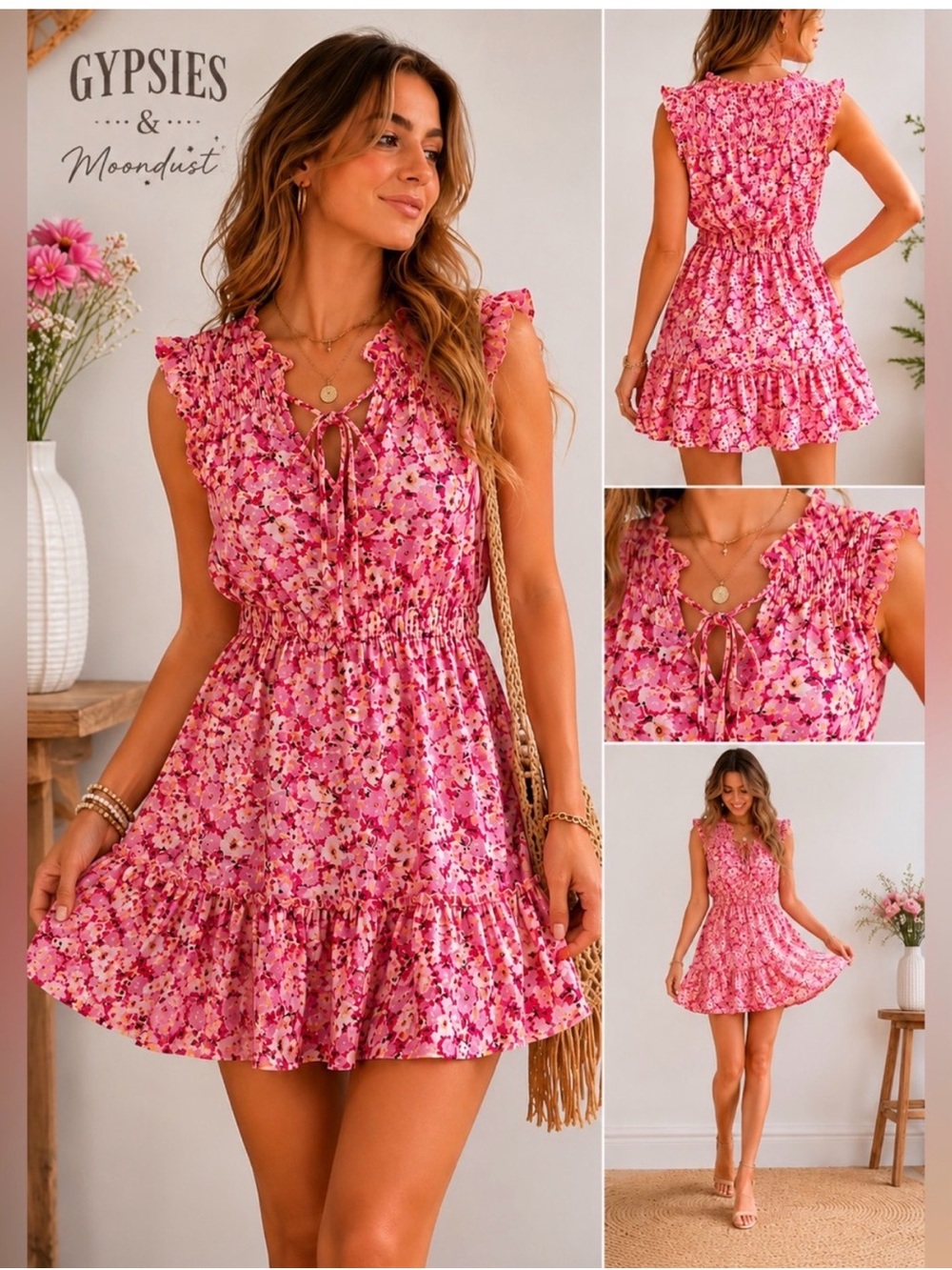 Gypsies & Moondust Pink Floral Tie-Front Ruffle Mini Dress